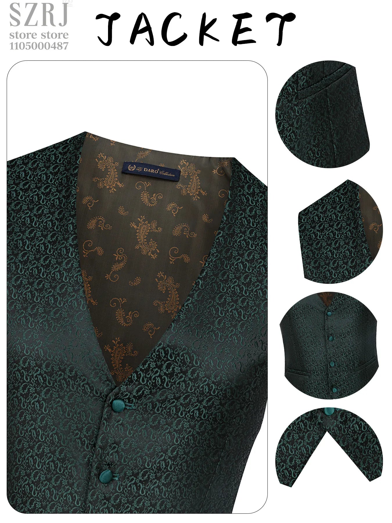 Men's 3pcs Floral Tuxedo Suit: Stand Collar, Double-Breasted Vest & Pants - Wedding/Party/Performance