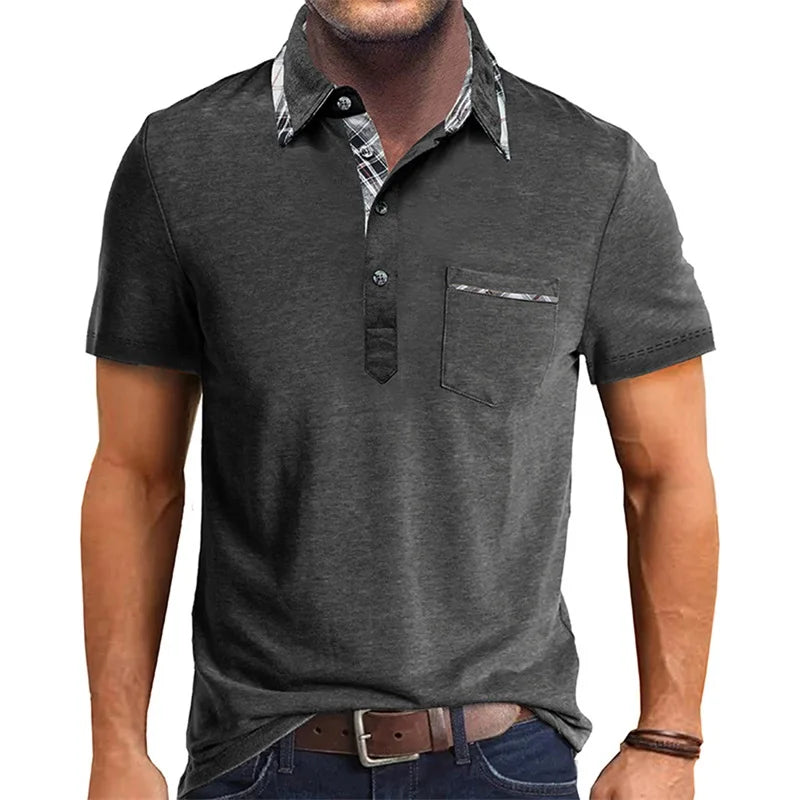 Men Short Sleeve T-Shirts Contrast Plaid Turn-Down Collar Buttons Business Casual Tops Summer Fashion  Fit Shirts