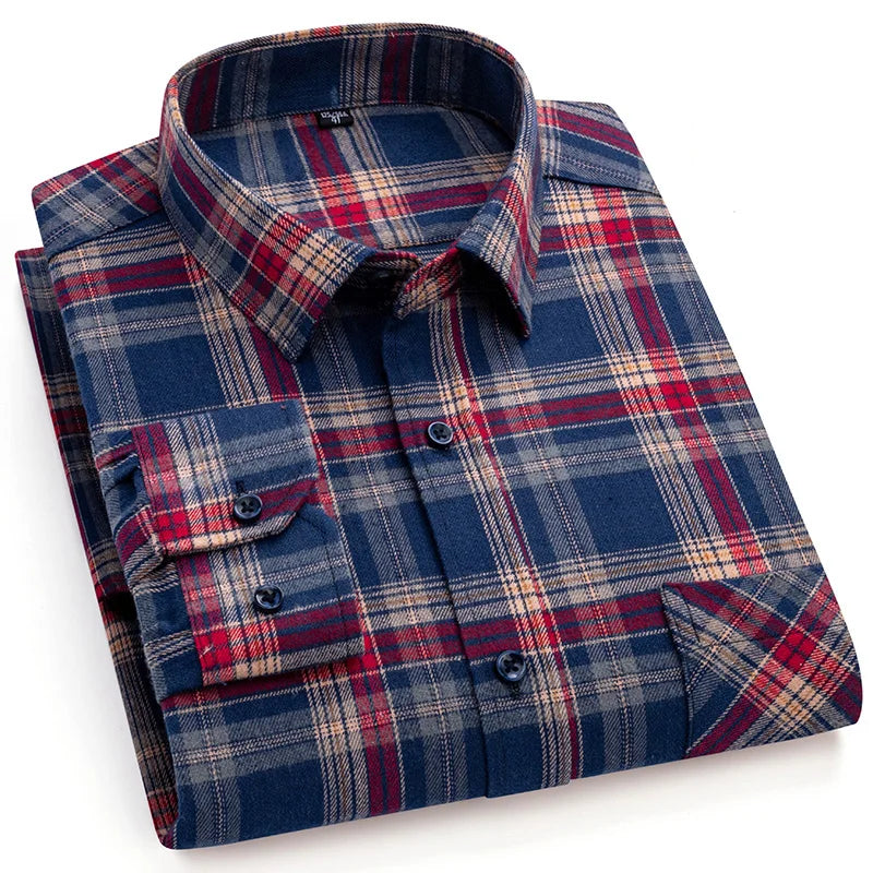 New Spring Long Sleeve Plaid Shirts For Men 100% Cotton Flannel Plus Size Easy Care Comfortable Top Casual Smart Dress Shirts