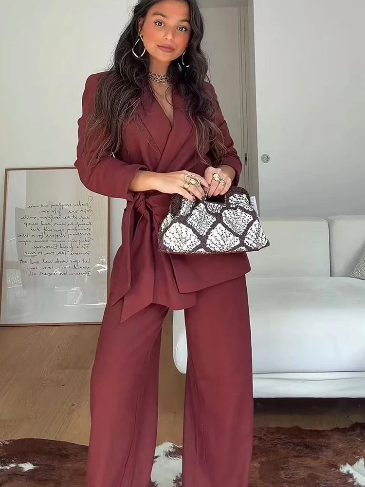 Fashion Office Ladies Blazer Pants Suit Elegant Formal Slim Lace Up Jacket Straight Trouser Lady Commuting Wear 2 Piece Set