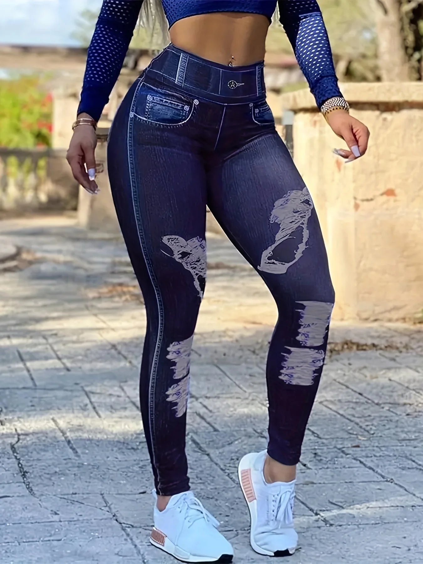 Women's Leggings Faux Denim Print High Waist Hip Lifting Sports Pants