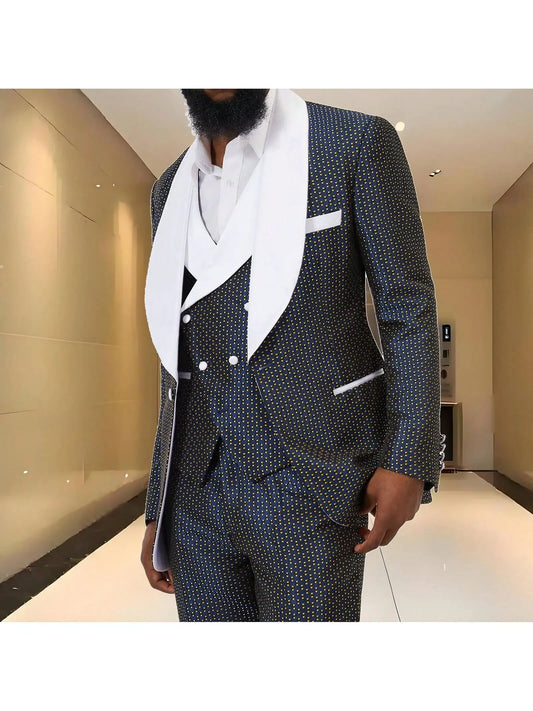 Mens 3 Piece Blue dots Tuxedo Suits Slim Fit Shawl Lapel Suit for Dinner Prom Wedding