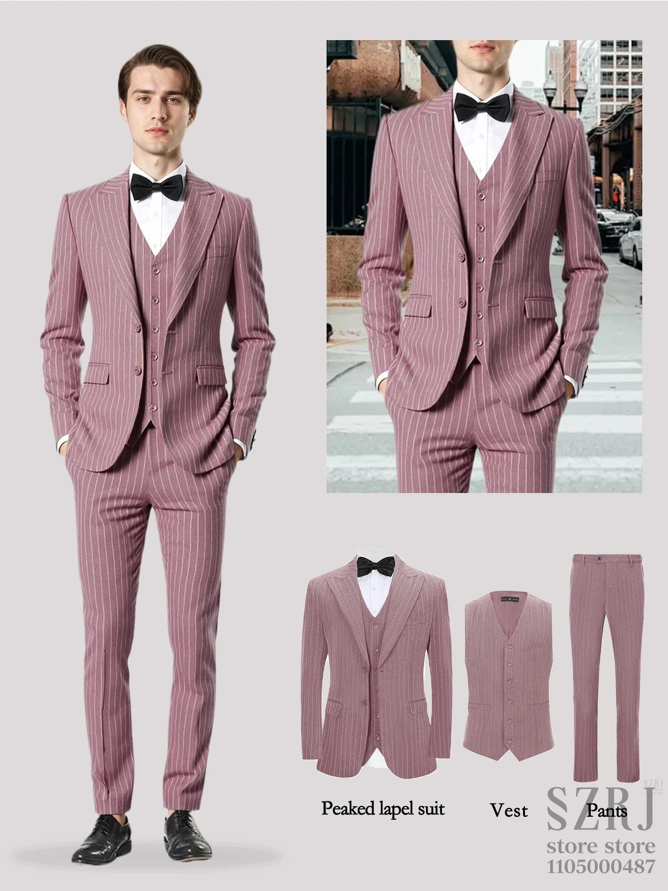 Men's Vertical Striped 3-Piece Suit - Two-Button Jacket+Vest+Pants for Wedding/Business/Daily Wear