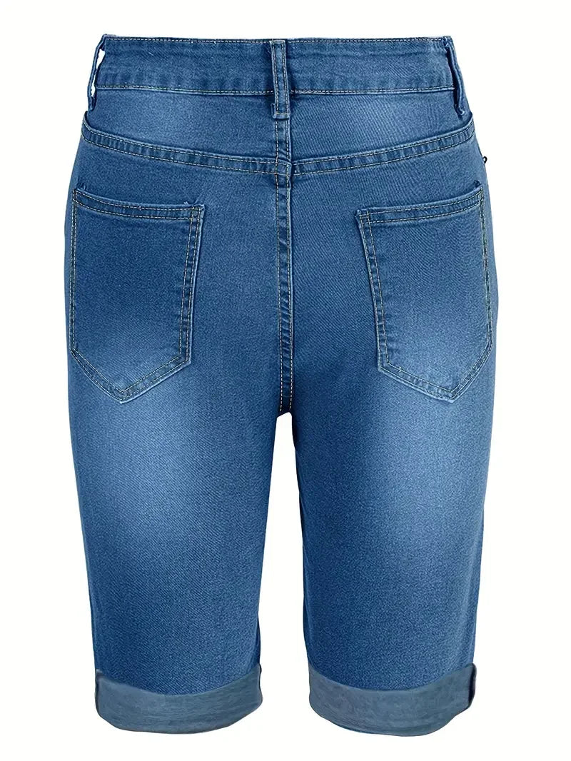 Women's Fashion Ripped Denim Capri Shorts, Pocket Button, Skinny Stretchy Denim Shorts, Women's Jeans