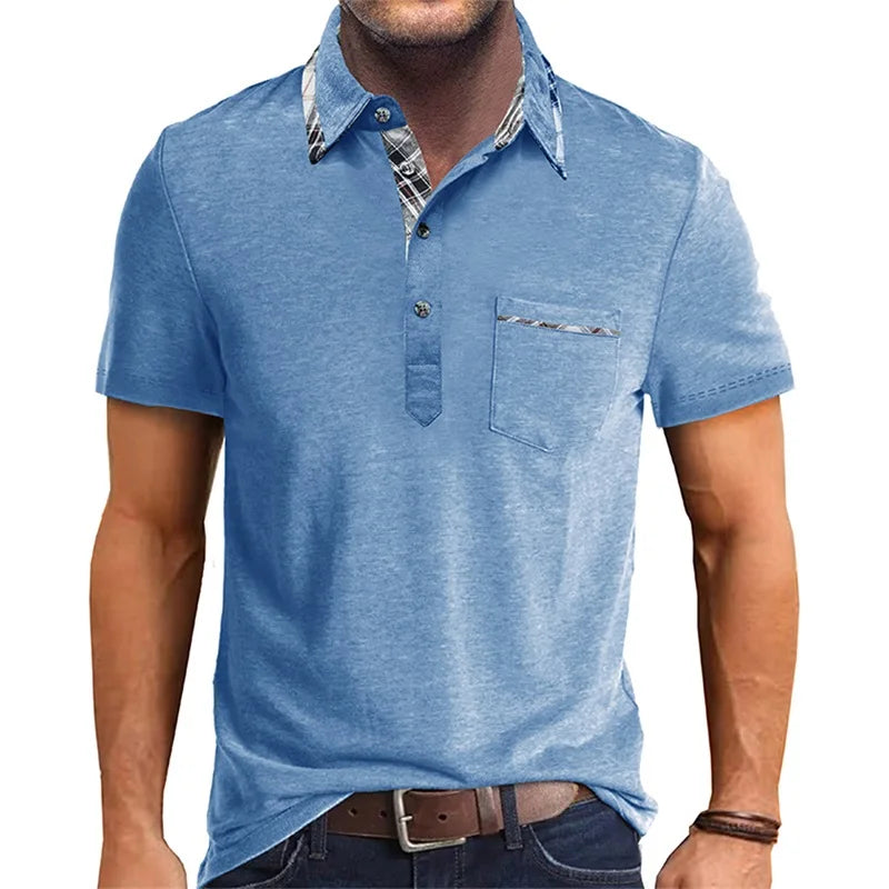 Men Short Sleeve T-Shirts Contrast Plaid Turn-Down Collar Buttons Business Casual Tops Summer Fashion  Fit Shirts