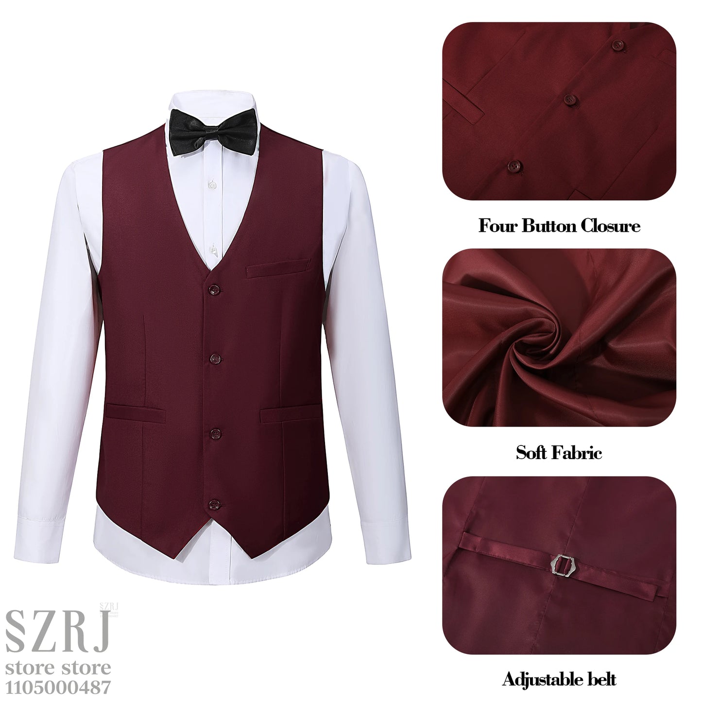 British Style Men's Suit Set (Jacket+Vest+Pants+Bow Tie) - Slim, Elegant, Multi-Occasion