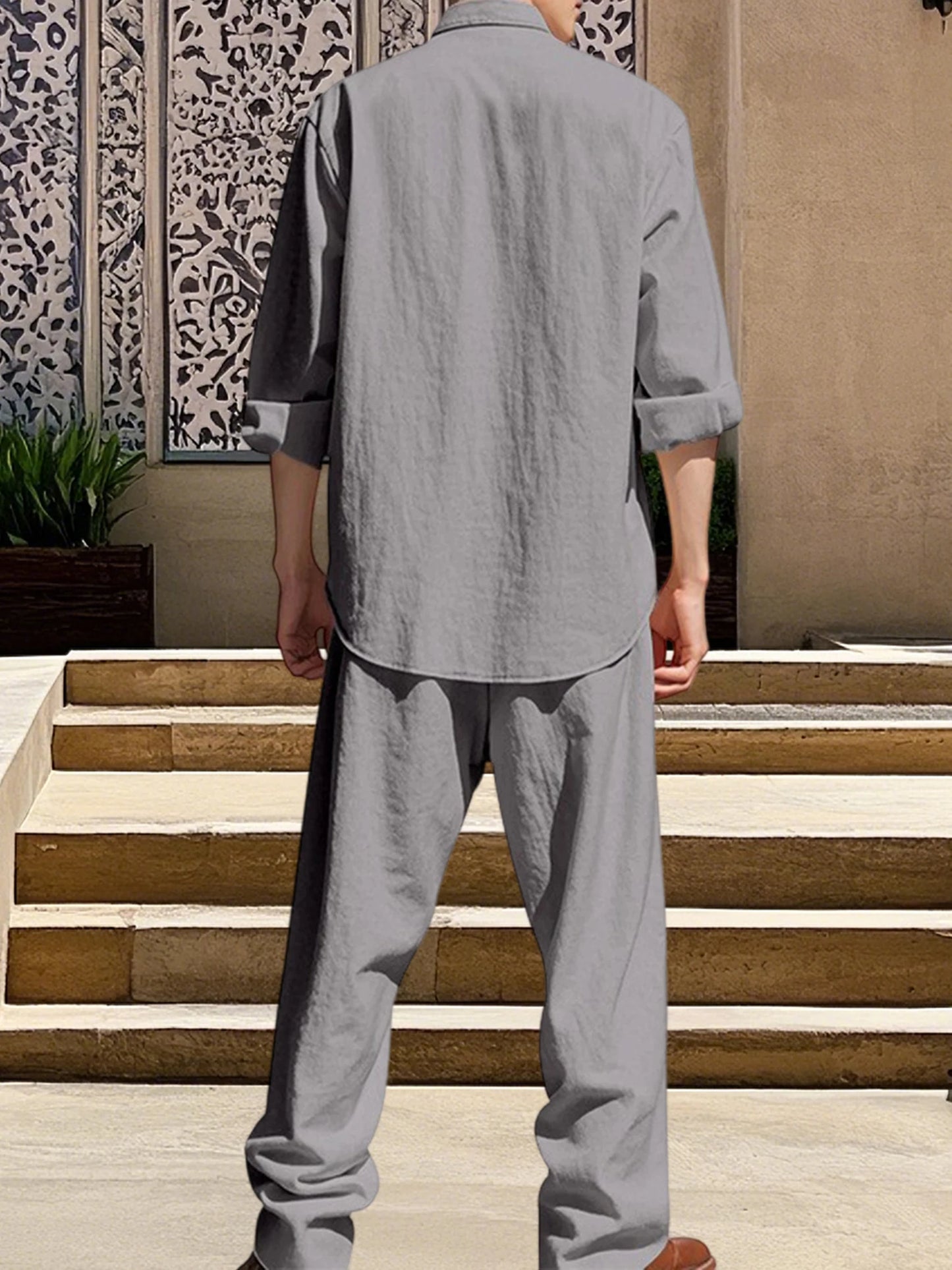 Men s Cotton Summer Outfits Sets Lightweight Breathable Short Sleeve Shirt and Shorts 2 Pcs Set for Beach Vacation