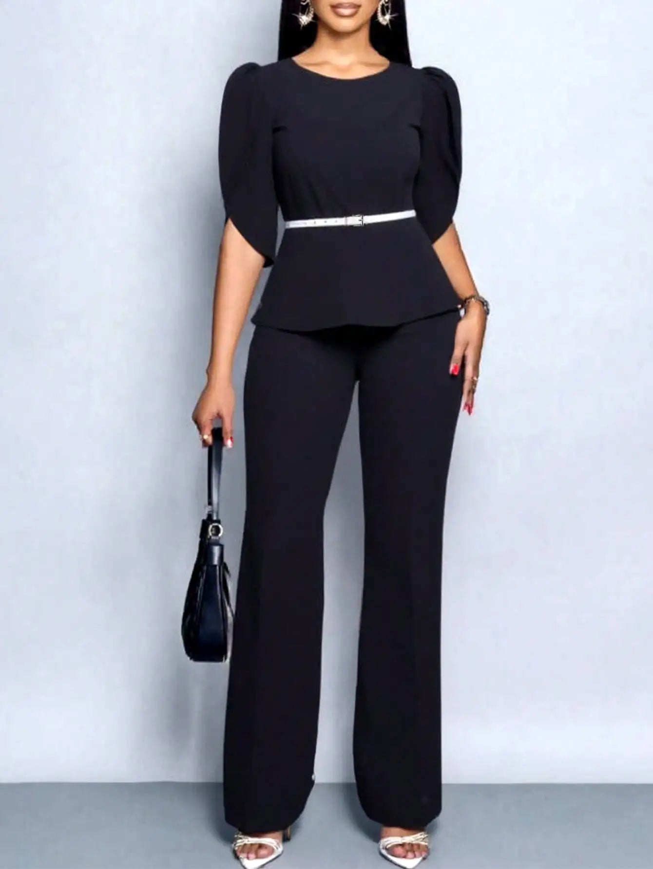 2025 latest elegant temperament solid color top wide-leg pants two-piece set with belt