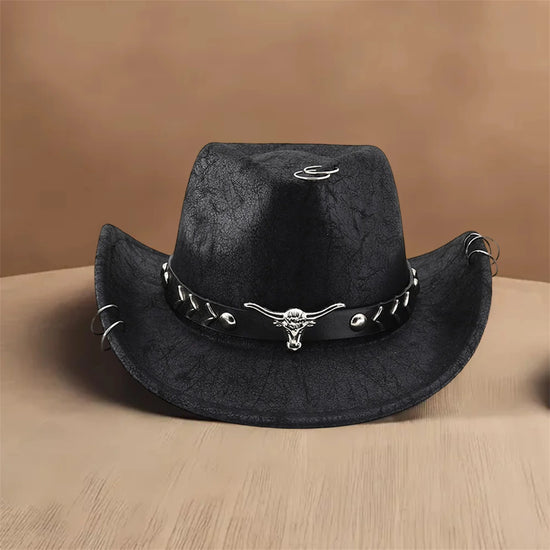 Vintage Style Cowboy Hat with Embroidered Bull Design and Wide Brim for Western Theme Parties and Everyday Wear