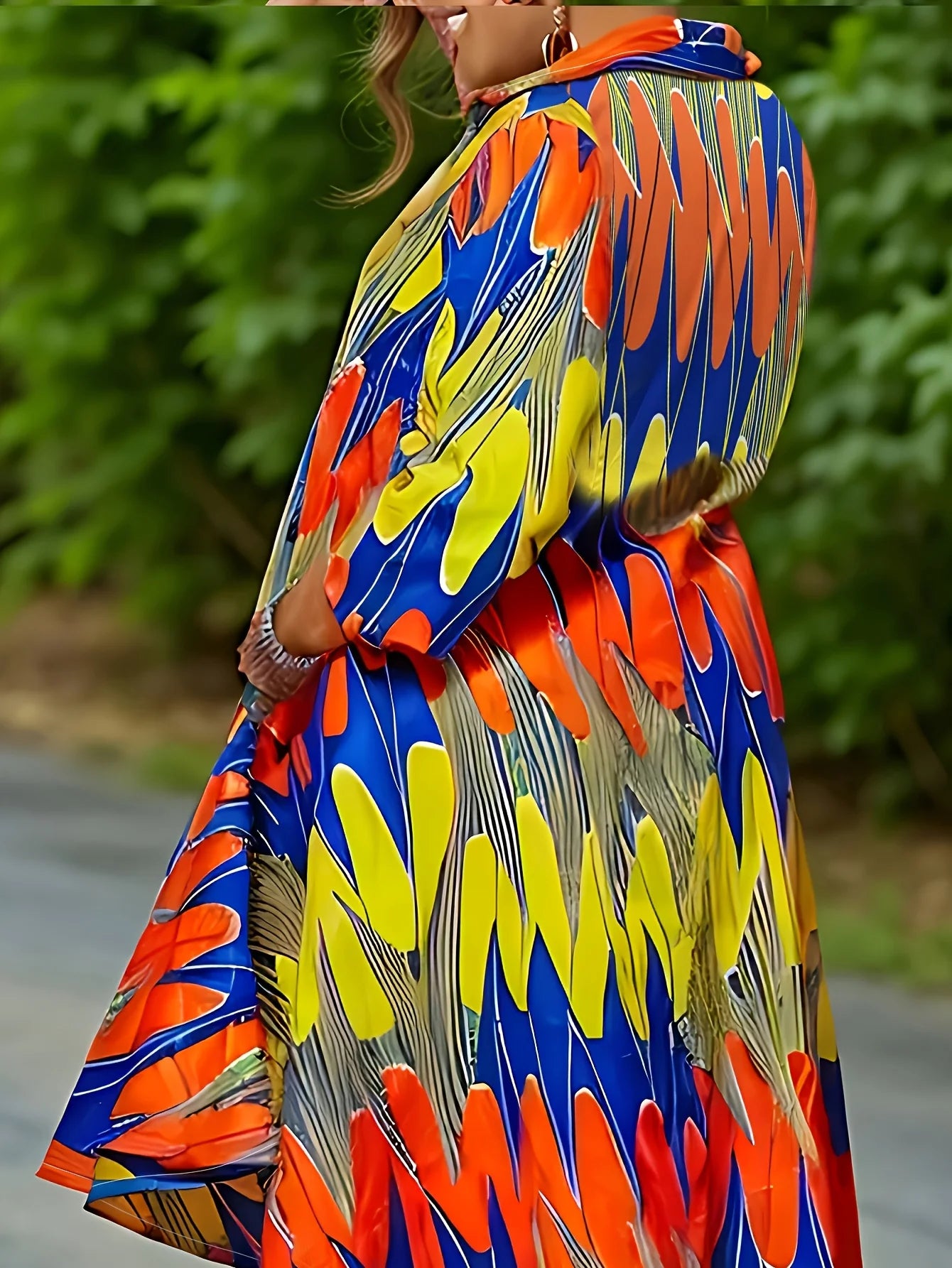 Multi Color Pattern Printed Lapel Long Sleeved Casual Vacation Shirt Long Skirt