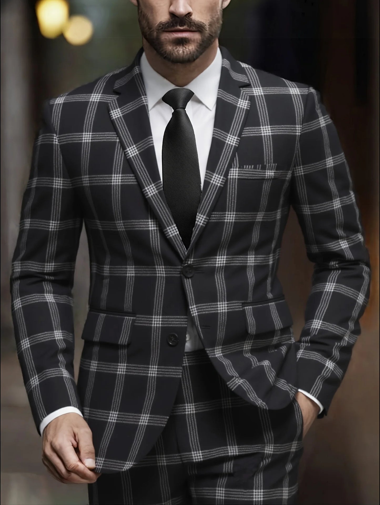 Men's Plaid Suit Two-Piece Set Four-Season Anti-Wrinkle No-Iron Business Casual Formal Wear Slim Two-Button Suit Trousers Suit