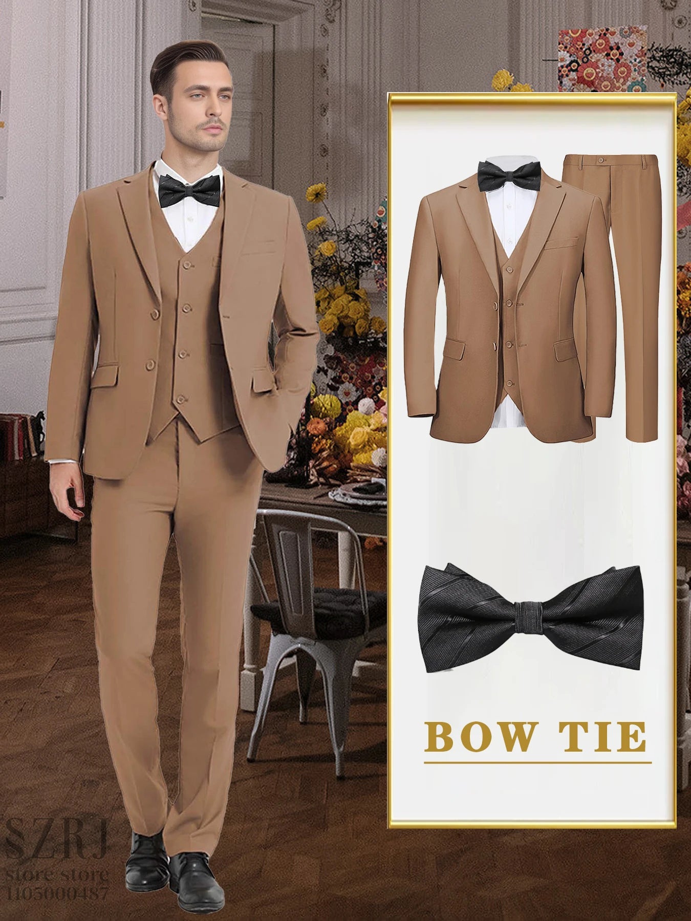 4PCS Men's Formal Tuxedo Set: Vest + Pants + Socks | Classic Solid Suit for Business/Party/Interview