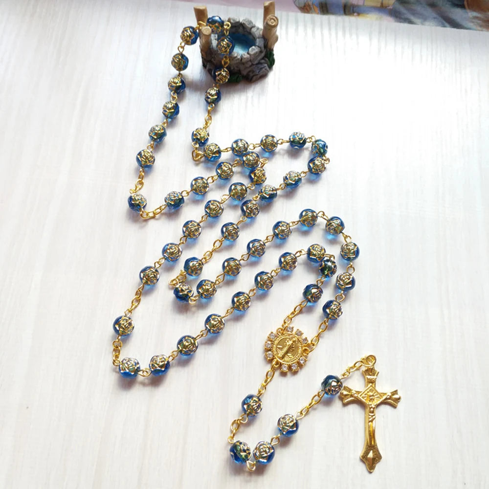Cottvott  Rhinestone St Benedict Medal Rosary Necklace Religious Blue Rose Prayer Beads Chain Crucifix Cross Pendant Jewelry