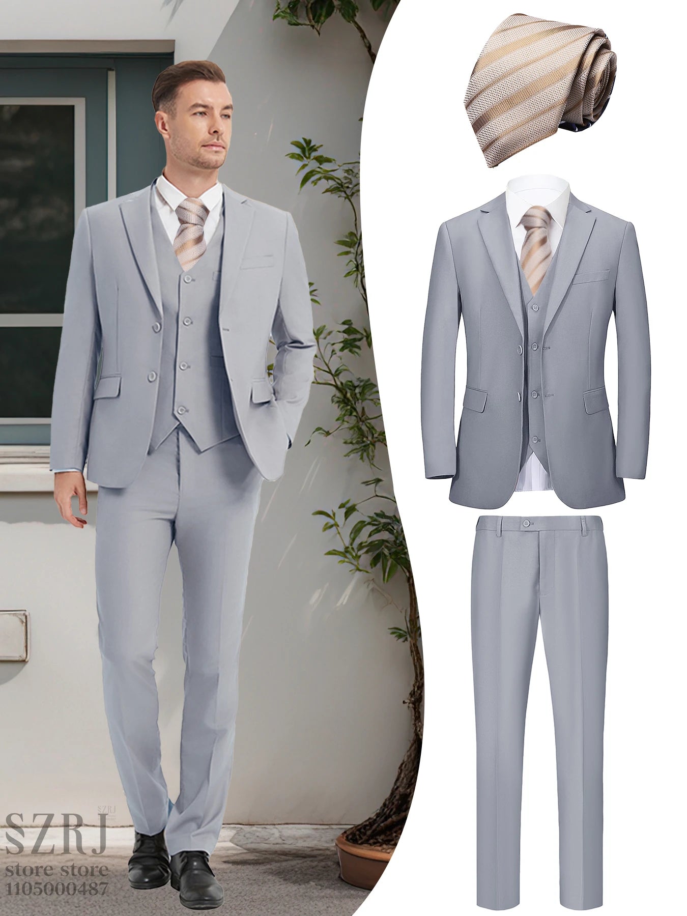 Men's 4-Piece Suit: Jacket+Vest+Pants+golden Tie. V-Neck, Gentleman Style, Premium, Tailored. For Business, Parties, Weddings.