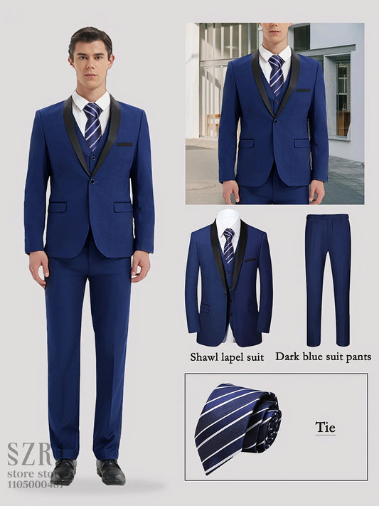 4pcs Men's Tuxedo Set:Classic Lapel Blazer,Vest,Pants&Tie High-Quality,Adjustable Waist.For Parties,Weddings, Proms. Comfy Fit.