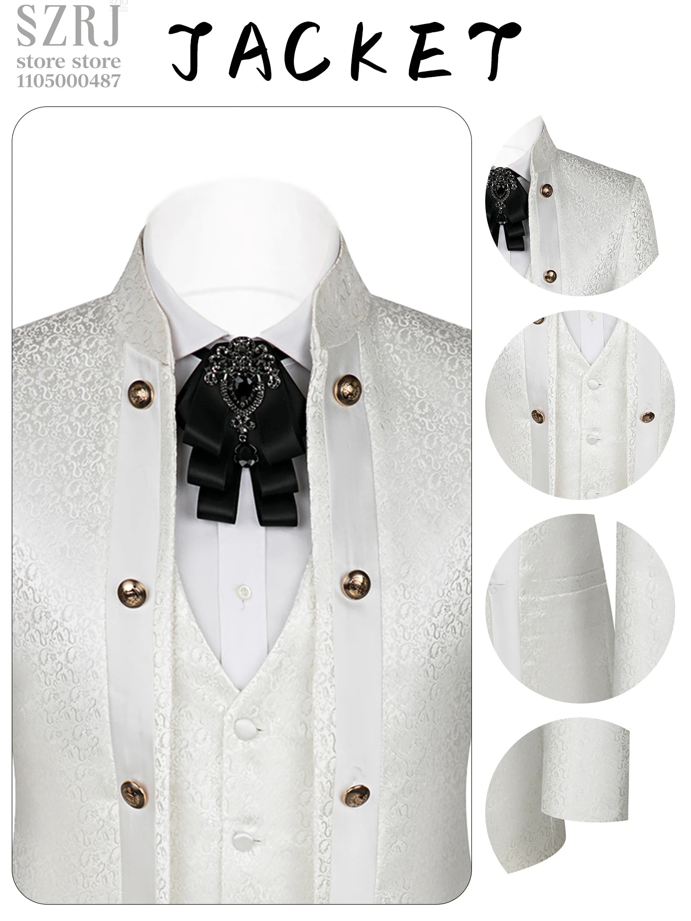 Men's 3pcs Floral Tuxedo Suit: Stand Collar, Double-Breasted Vest & Pants - Wedding/Party/Performance
