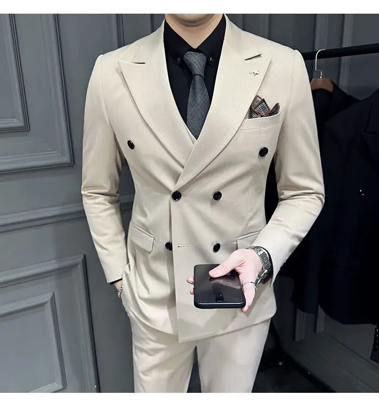 Men's 3 Piece Double‑Breasted Suit Set Slim Fit Solid Color Business Casual Wedding Party Jacket Vest Pants Male Formal Outfit