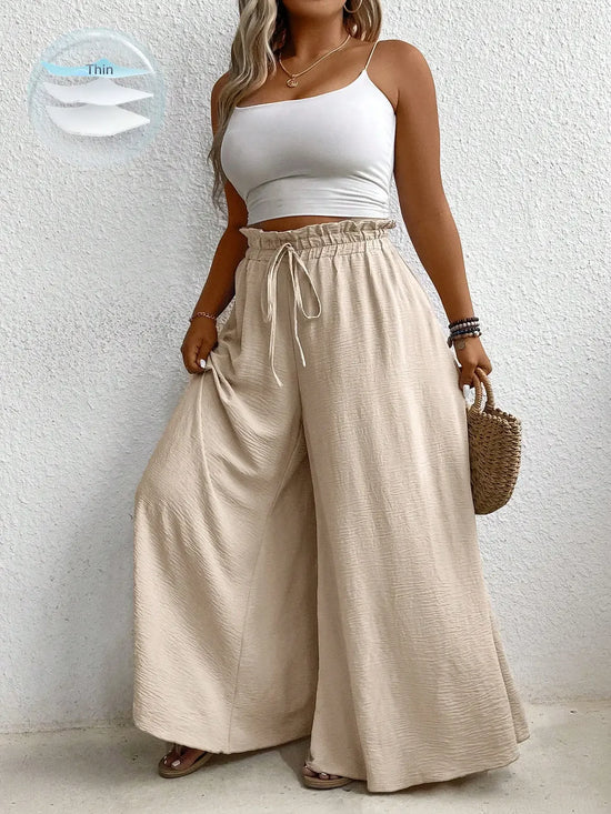 Plus Size Elastic Waist Belted Loose Textured Wide-Leg Pants Fall Cloth For Women