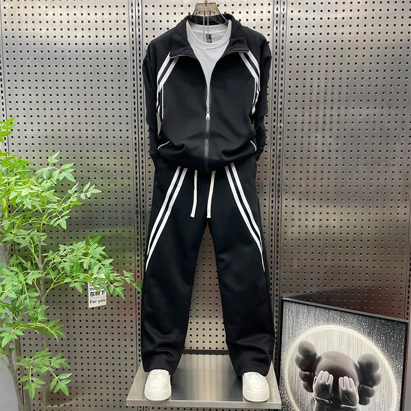 New Men Lapel Collar Zipper Tops Wide Leg Pants Sports Tracksuit Outdoor Jogging Running Set Mixed Colors Two Piece Training Set