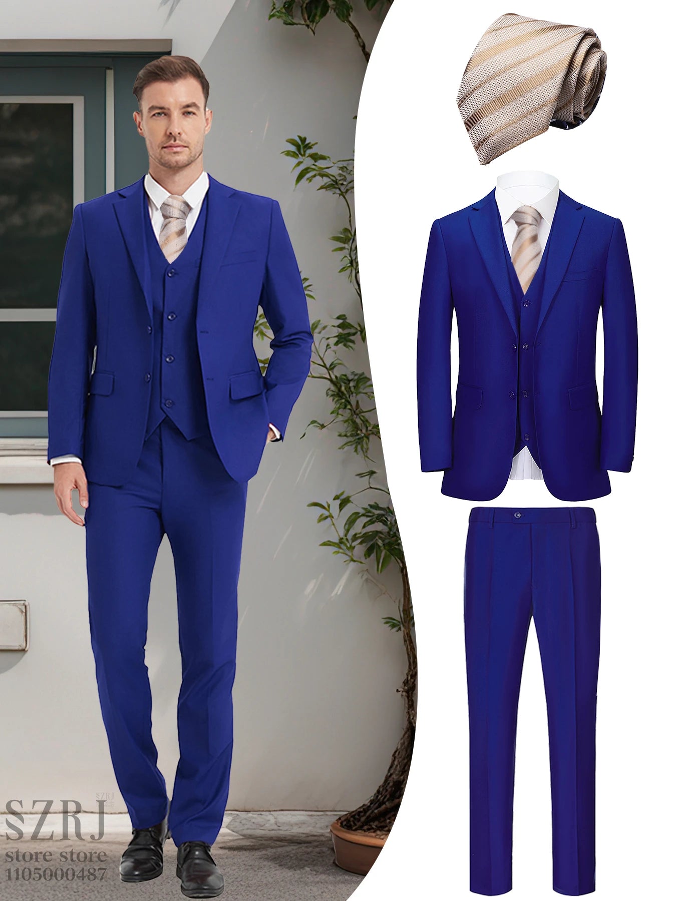 Men's 4-Piece Suit: Jacket+Vest+Pants+golden Tie. V-Neck, Gentleman Style, Premium, Tailored. For Business, Parties, Weddings.