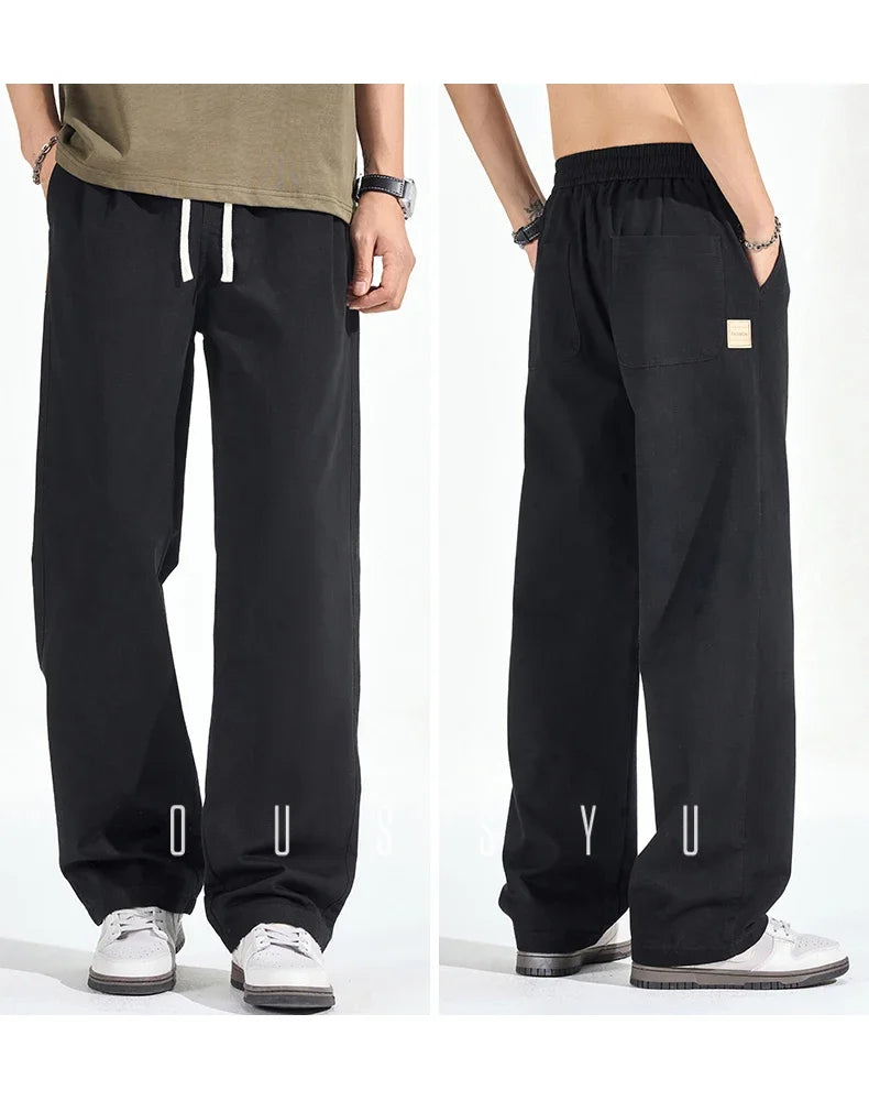 Autumn Winterr High-Quality 100%Cotton Casual Pants Men Elastic Waist Loose Baggy Straight Casual Work Cargo Khaki Trousers Male