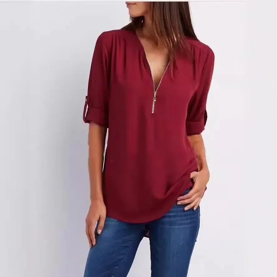 2025 Hot Sale Women Cool Loose Shirt Deep V Neck Chiffon Fashion Blouse Casual Ladies Tops Sexy Zipper Pullover Plus Size