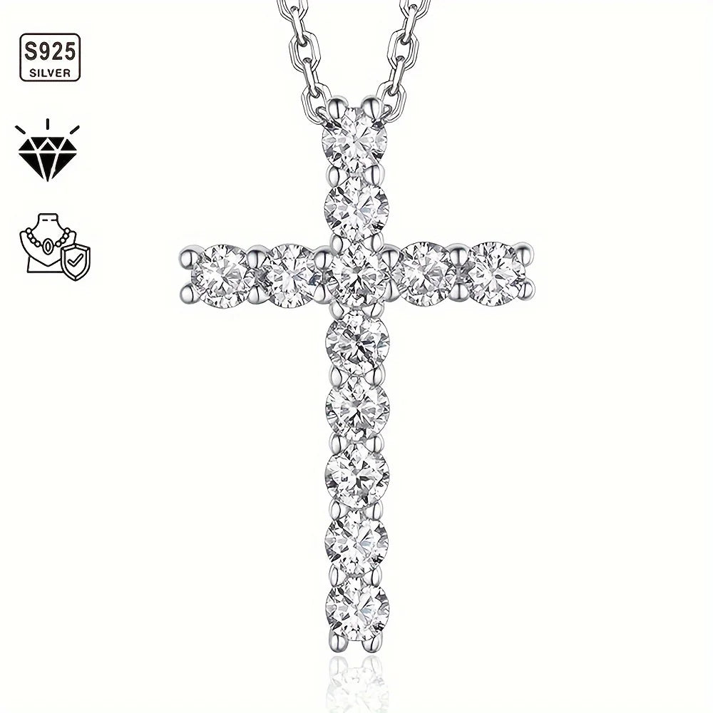 1pc S925 Silver with 2,4CT Moissanite Cross Co-ed Necklace, Gemstone Jewelry | Gifts for Mom | Gifts for Her | Birthday | Weddin