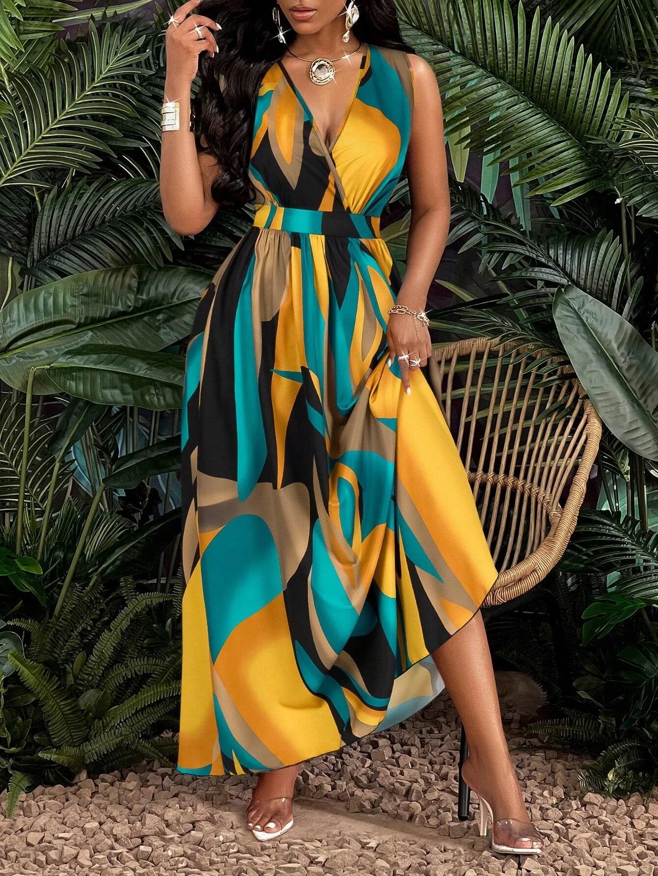 Tropical Print V-Neck Waist Section Cable Knit Fit And Flare Dress Maxi Women Outfit