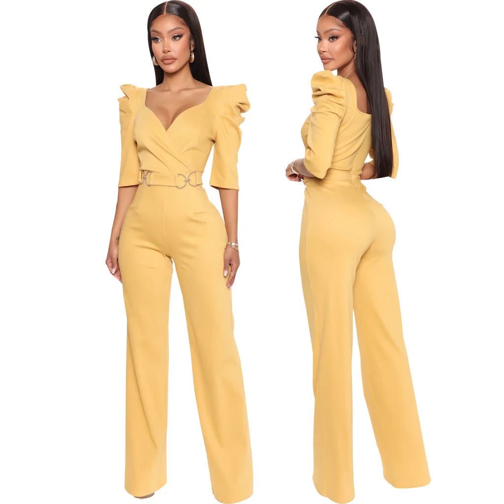 Sexy fashion solid color seven-quarter sleeve V-neck women's jumpsuit SMR10805