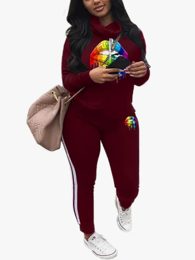 Womens Casual 2 Piece Tracksuit Outfits Lip Print Pattern Long Sleeve Pullover Pants Set