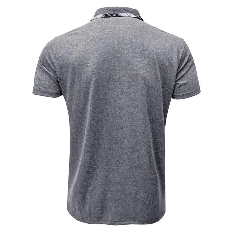 Men Short Sleeve T-Shirts Contrast Plaid Turn-Down Collar Buttons Business Casual Tops Summer Fashion  Fit Shirts
