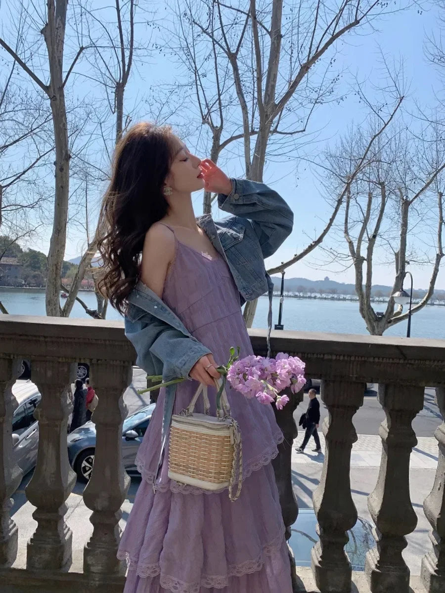 Summer  Long Vintage Casual Ruffles Elegant Maxi Strap Camis Silky Beach Lace Elegant Party Dress Vestidos Sexy Women