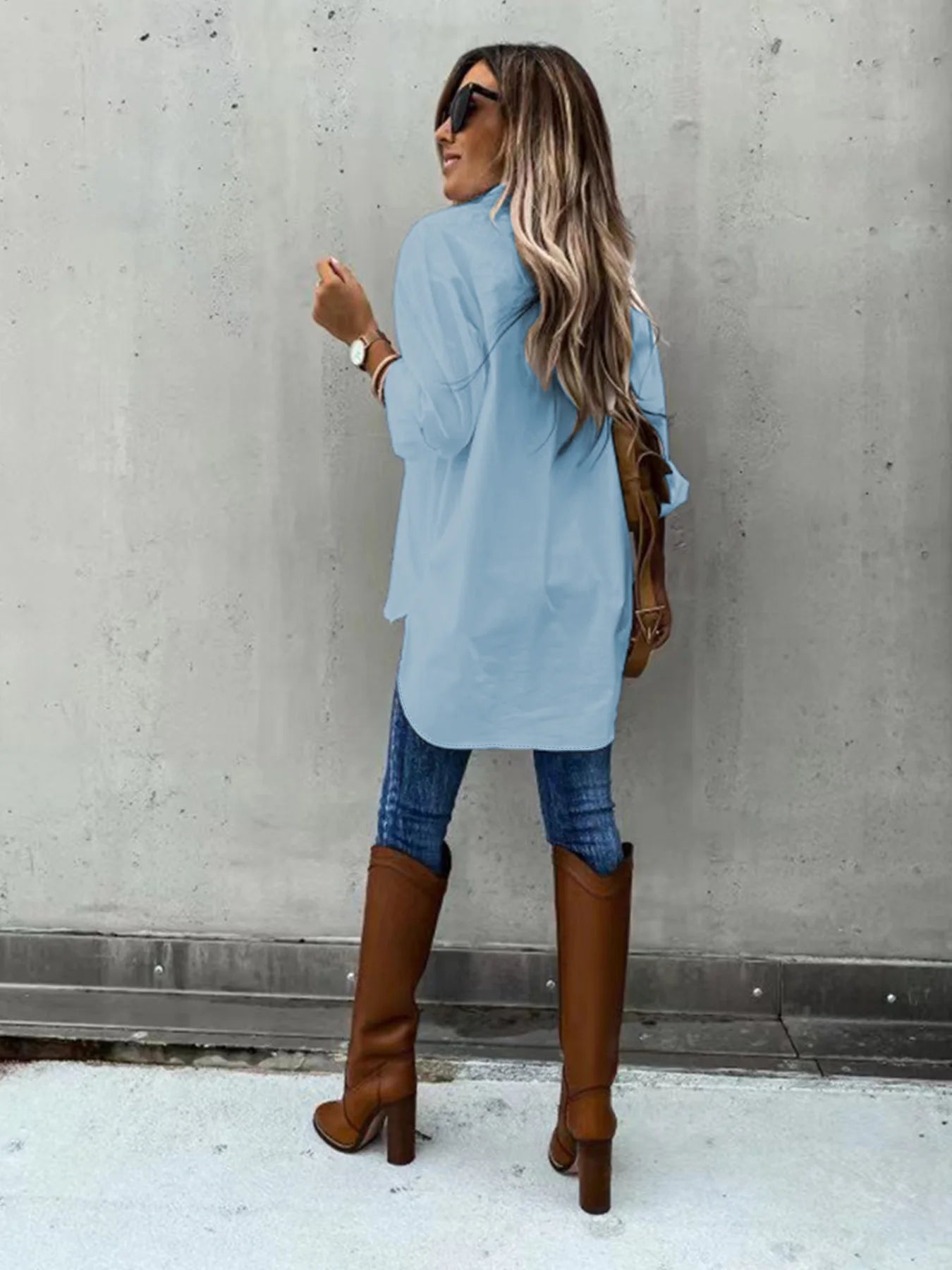 Women's shirt - front placket button double pocket, front short back long long sleeve shirt, front short back long