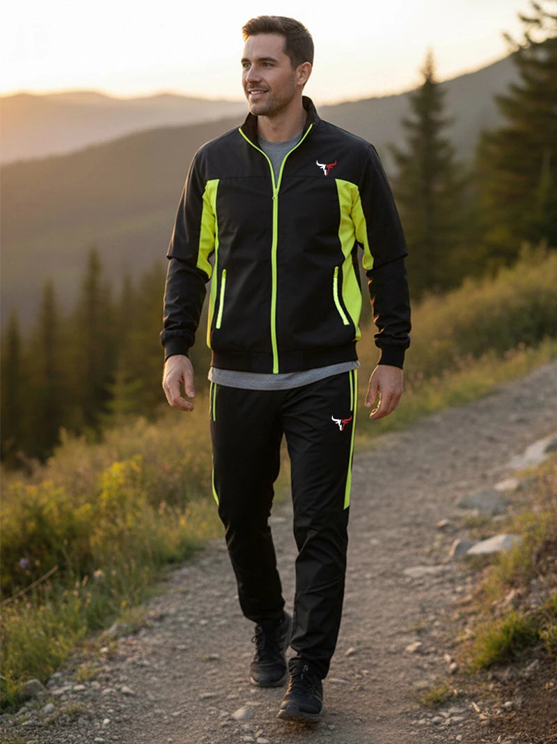 Bull Print Colorblock Sports Set for Men Outdoor Stand Collar Zip Up Jacket Coat Outwear Tops Pants Trousers with Zipper Pockets