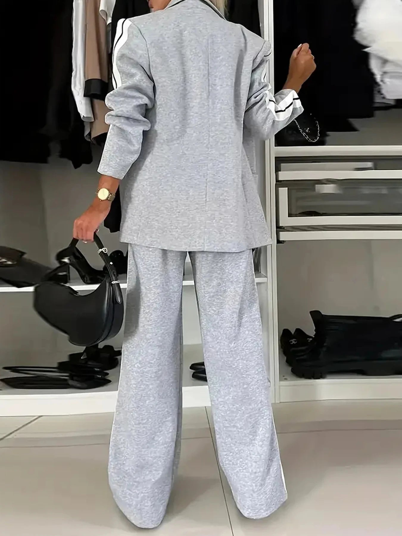 Women's Elegant Side Striped Two-Piece Suit Set, Single Breasted Long Sleeved Lapel Suit Jacket and High Waisted Straight Leg Wi