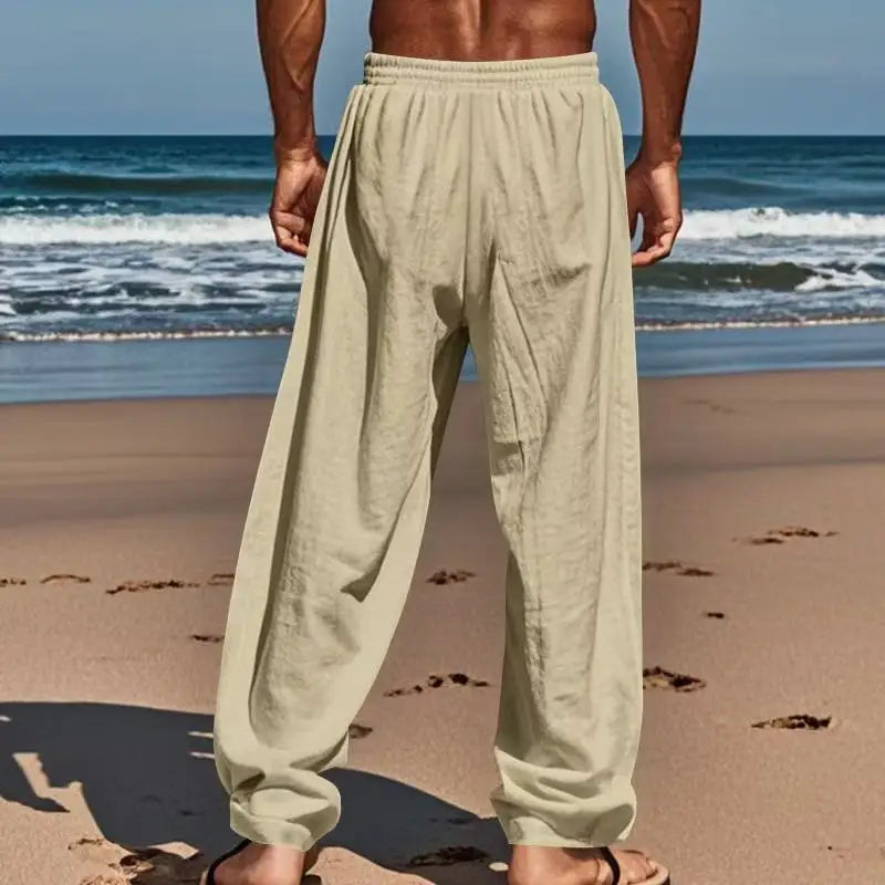 Spring and summer new men's solid-color cotton and linen casual long pants, Hawaiian beach loose sports and breathable street pa