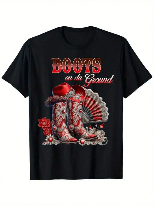 Boots On The Ground Western Cowboy Boot Graphic T-Shirt for Men - Black with Red & White Floral Print,