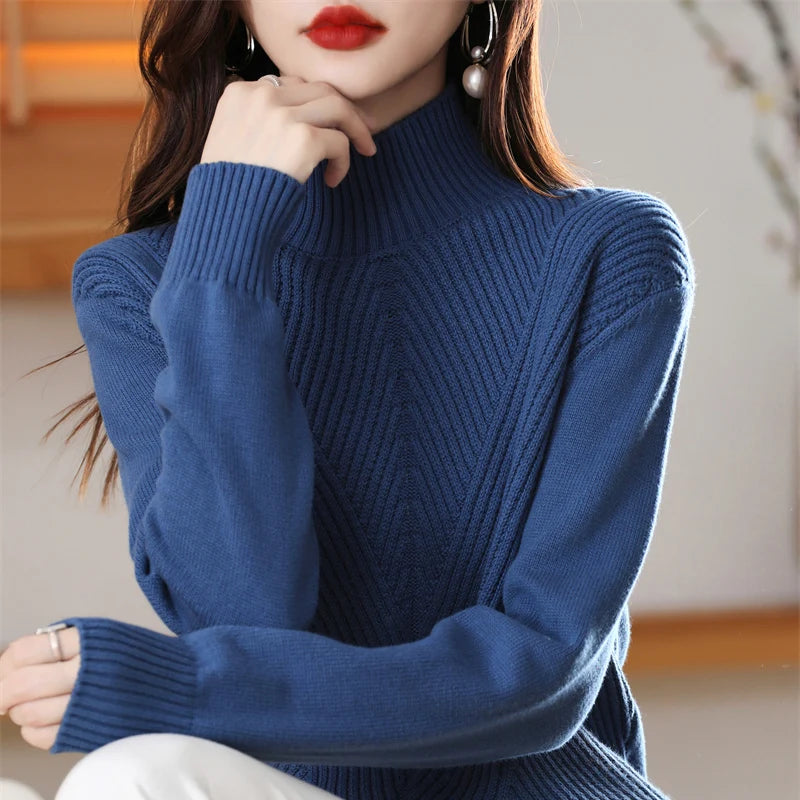 Women's 100% Pure Cotton Knitted Sweater Semi High Neck Solid Color Pullover Autumn and Winter Thick Casual Knitted Women's Top