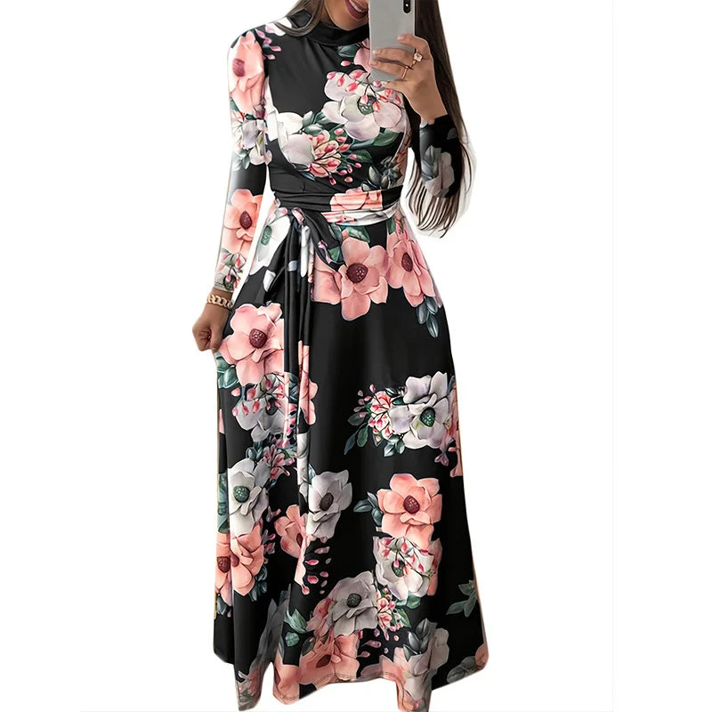 Plus Size Women's Dress Flower Print Lace-Up Elegant Long-Sleeved Round Neck Dress