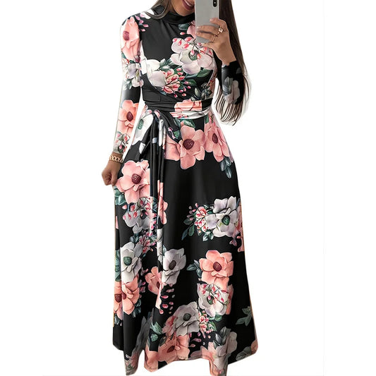 Plus Size Women's Dress Flower Print Lace-Up Elegant Long-Sleeved Round Neck Dress