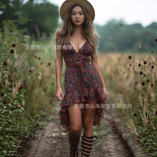 【New style】Summer new European and American - retro western cowboy style casual sexy V-neck suspender irregular dress
