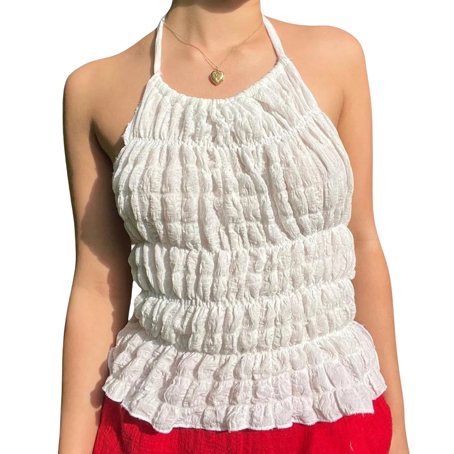 Elegant Lace Trimmed Sleeveless Halter Neck Top with Open Back Detail - Stylish Summer Party Tank for Women