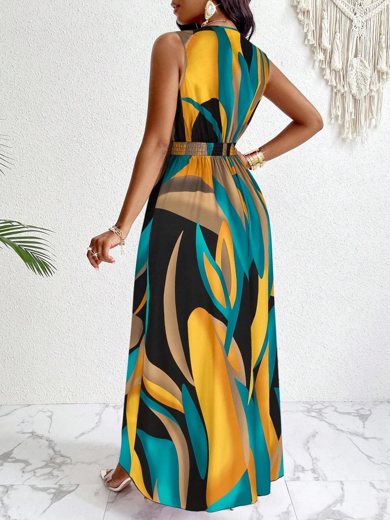 Tropical Print V-Neck Waist Section Cable Knit Fit And Flare Dress Maxi Women Outfit