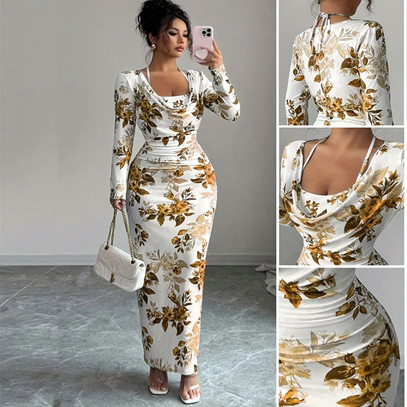 Fashion Dresses for Women Slim Long Sleeve Women Dress Elegant Print Package Hip Dress Women