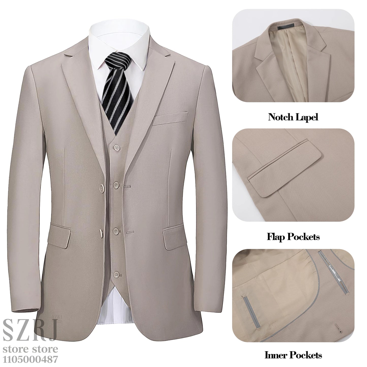 Men's 4-Piece Suit: Jacket+Vest+Pants+golden Tie. V-Neck, Gentleman Style, Premium, Tailored. For Business, Parties, Weddings.