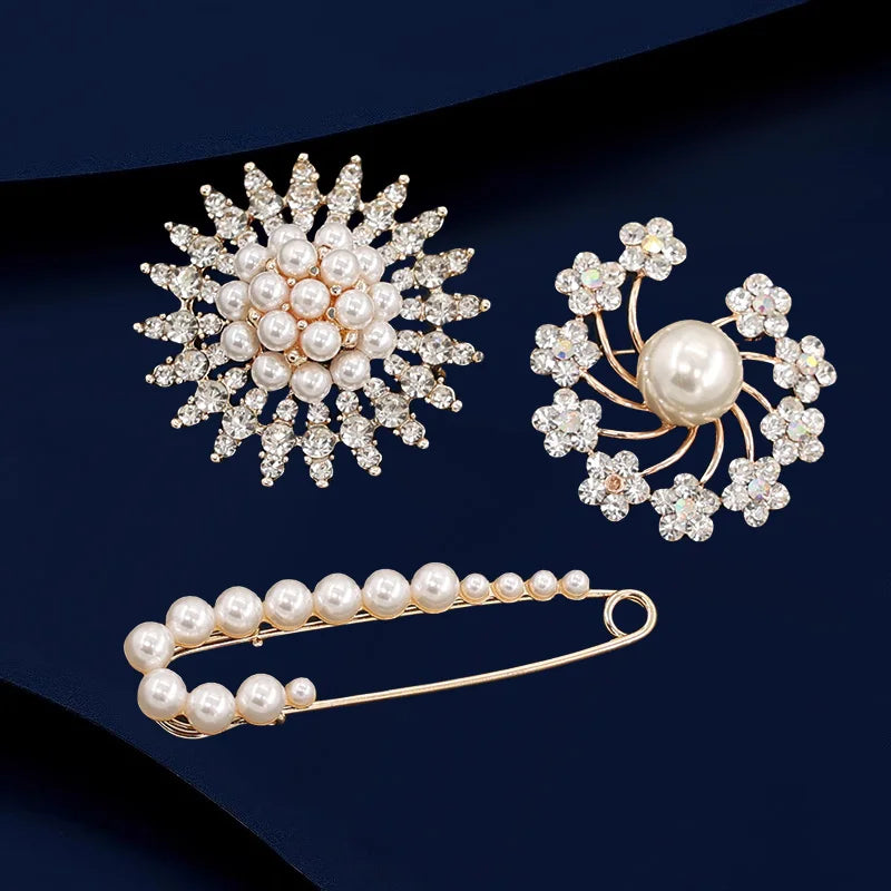 9Pcs/Pack Luxurious Elegant Metal Brooch Ladies' Flower Pearl Butterfly Sun Brooch Cloth Scarf Jewelry Accessories