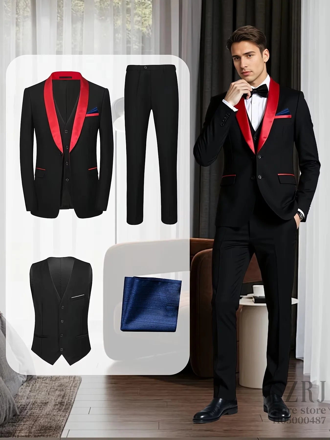 Men'S 4pcs Tuxedo Suit: Jacket, Vest, Dress Pants &Pocket Square