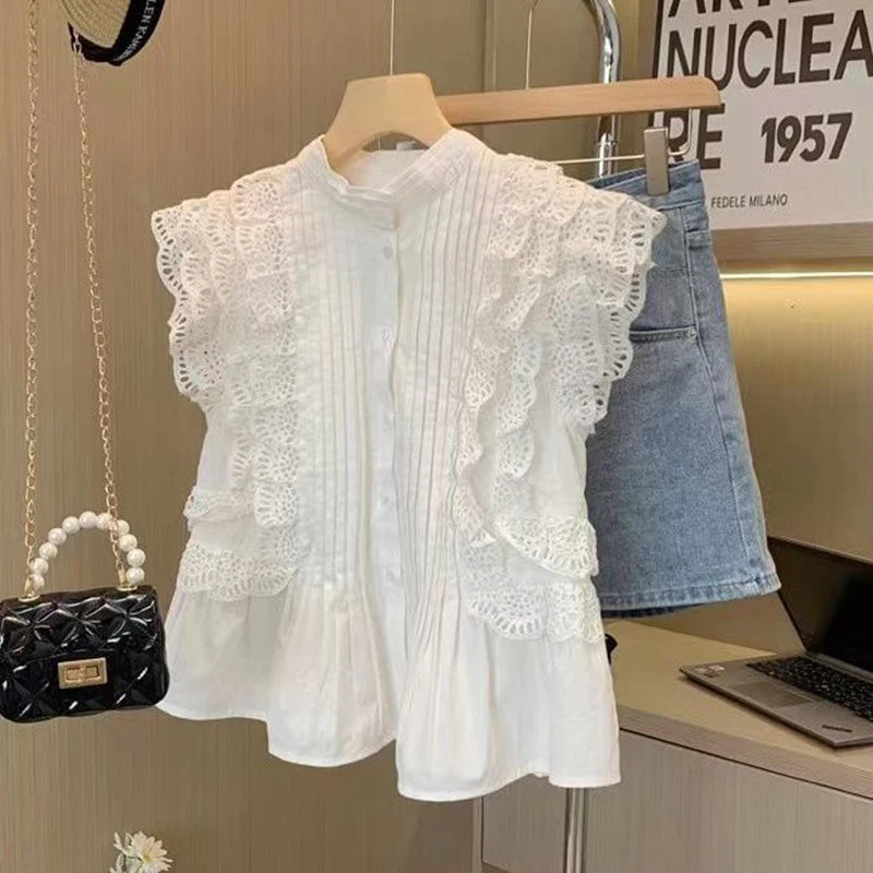 Fashion Flying Sleeve White Shirts Vintage Sleeveless Ruffled Lace Blouse for Woman Woman Elegant Casual Sweet Tops  27709