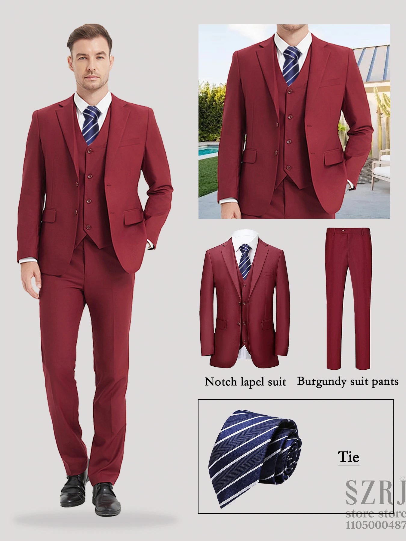 Men's 4-Piece Suit: Jacket+Vest+Pants+Blue Striped Tie. V-Neck, Gentleman Style, Tailored. For Business, Parties, Weddings.