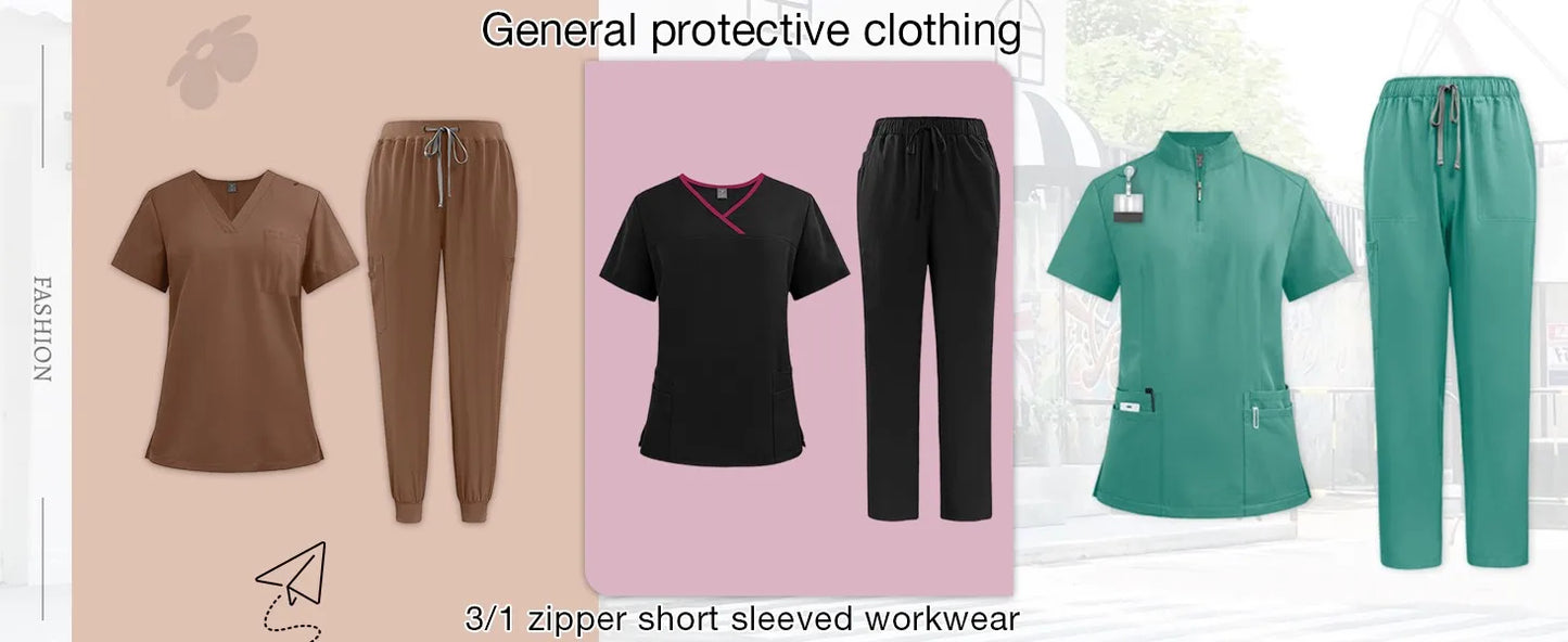 Women Two-Piece Set Solid Color Stand-Up Collar Short-Sleeve Top With Zipper Pocket And Matching Pants Professional Workwear